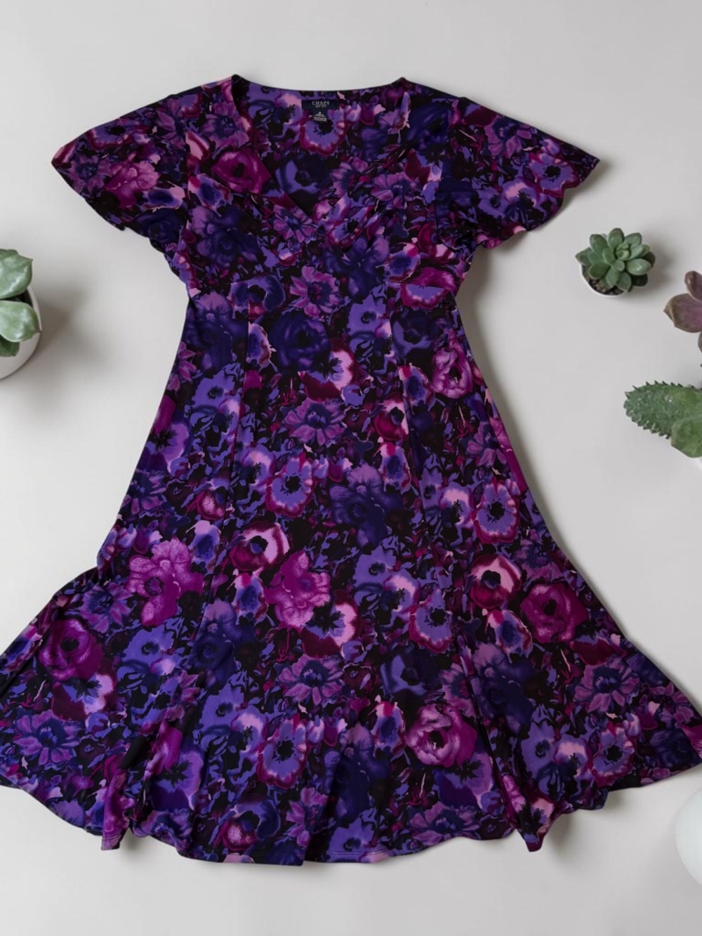 CHAPS Purple Floral Fit & Flare Dress V-Neckline